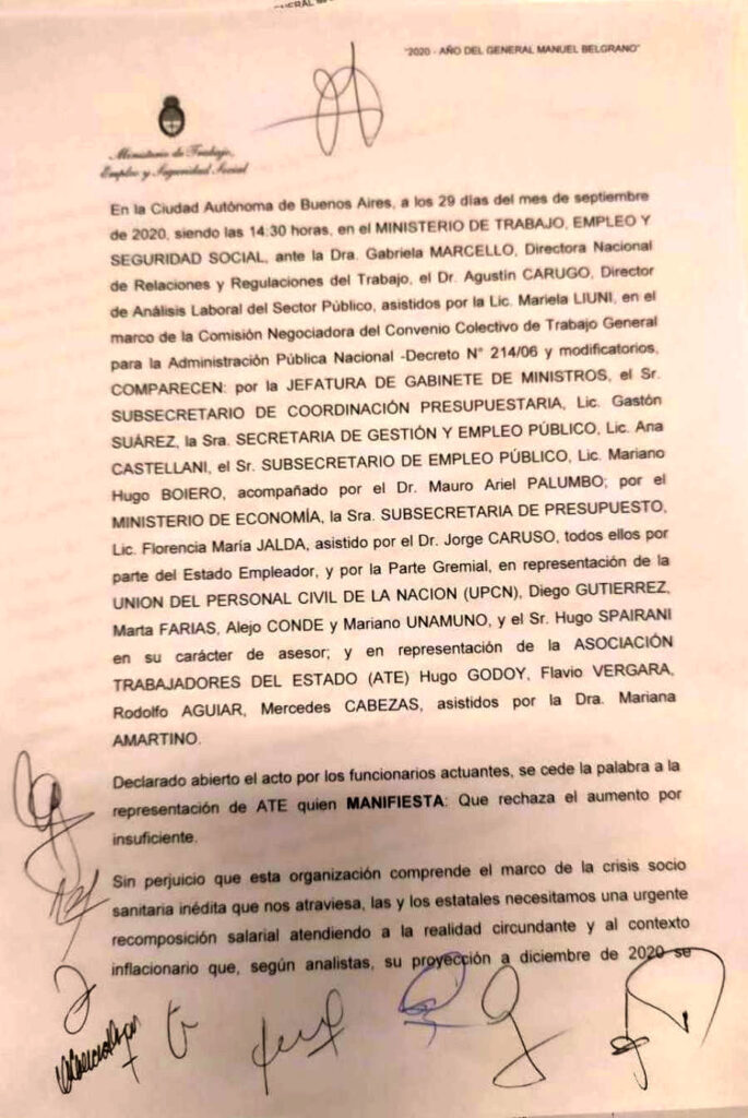 Acta en la que ATE rechaza el ofrecimiento.-